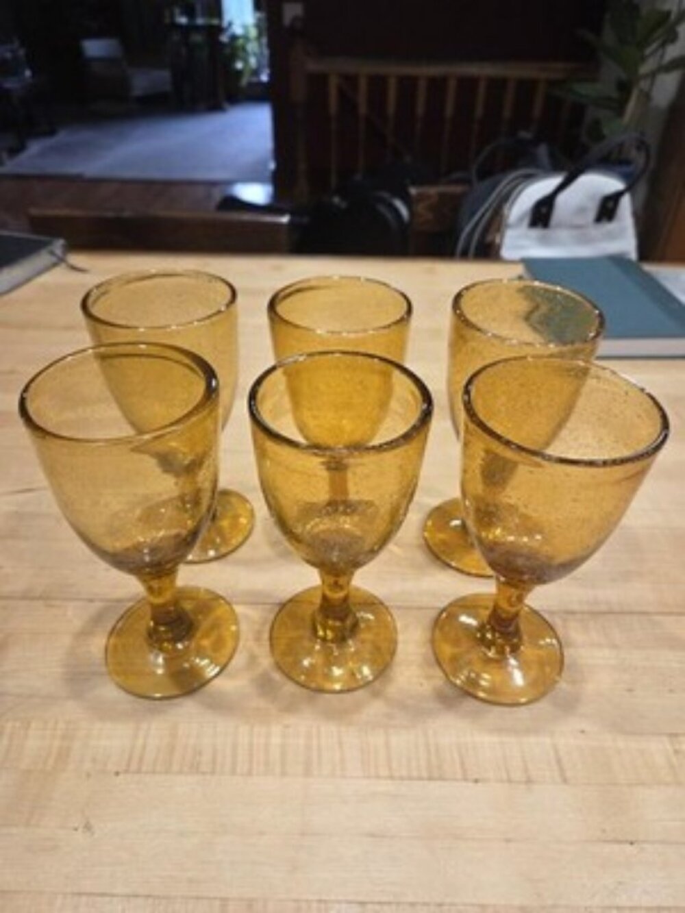 Vintage MCM Amber Hand Blown Bubble Glass Wine Goblets Set of 6 Teardrop Stem